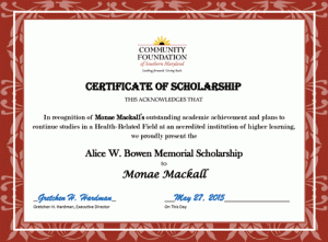 Alice W. Bowen Memorial Scholarship certificate